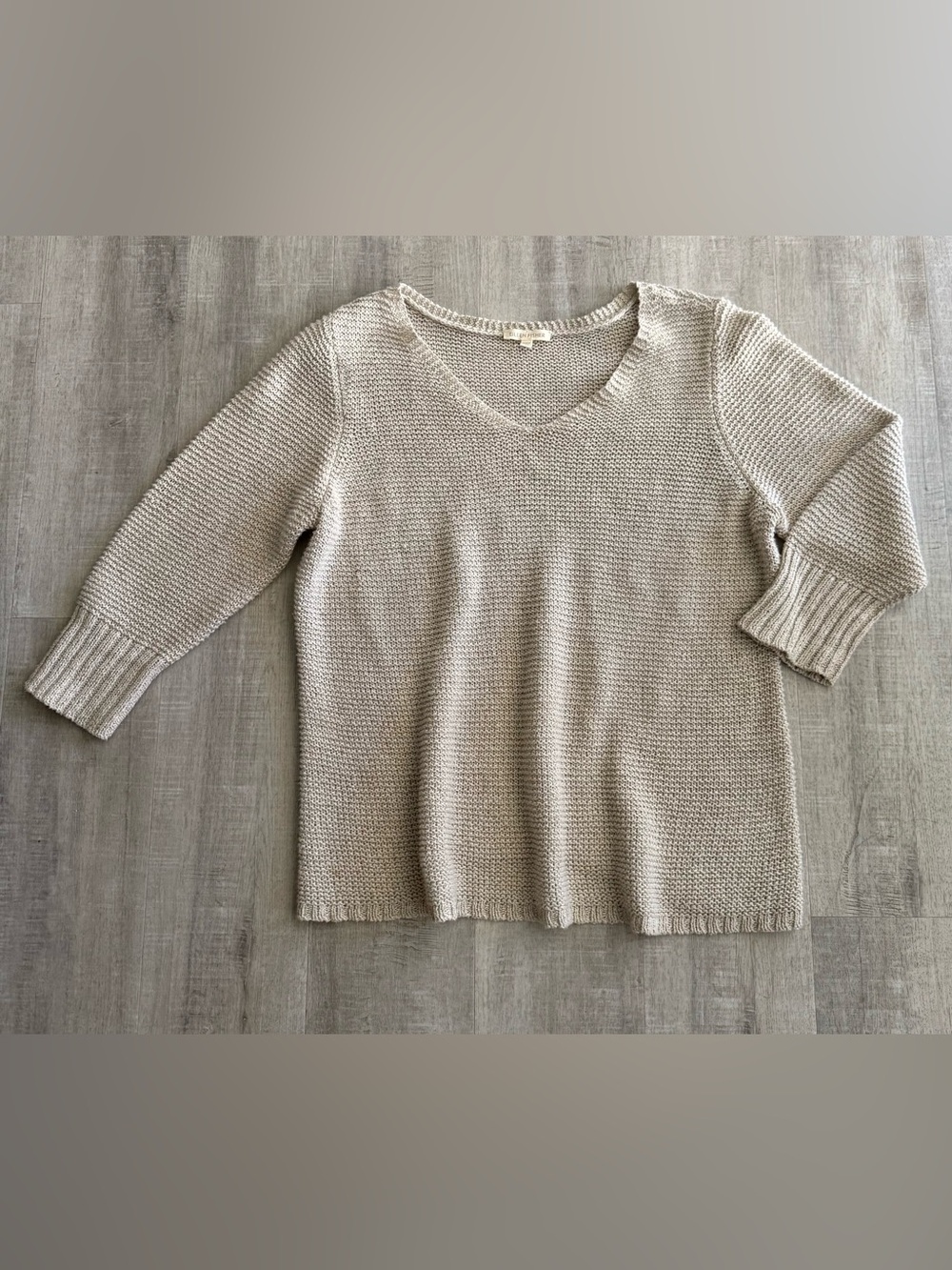 Eileen Fisher Linen Blend Beige Knit Sweater, v-neck, large